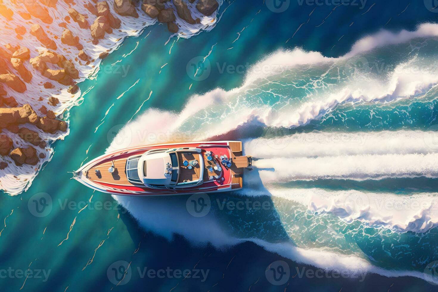 Boat floats in the sea, top view. Neural network AI generated photo