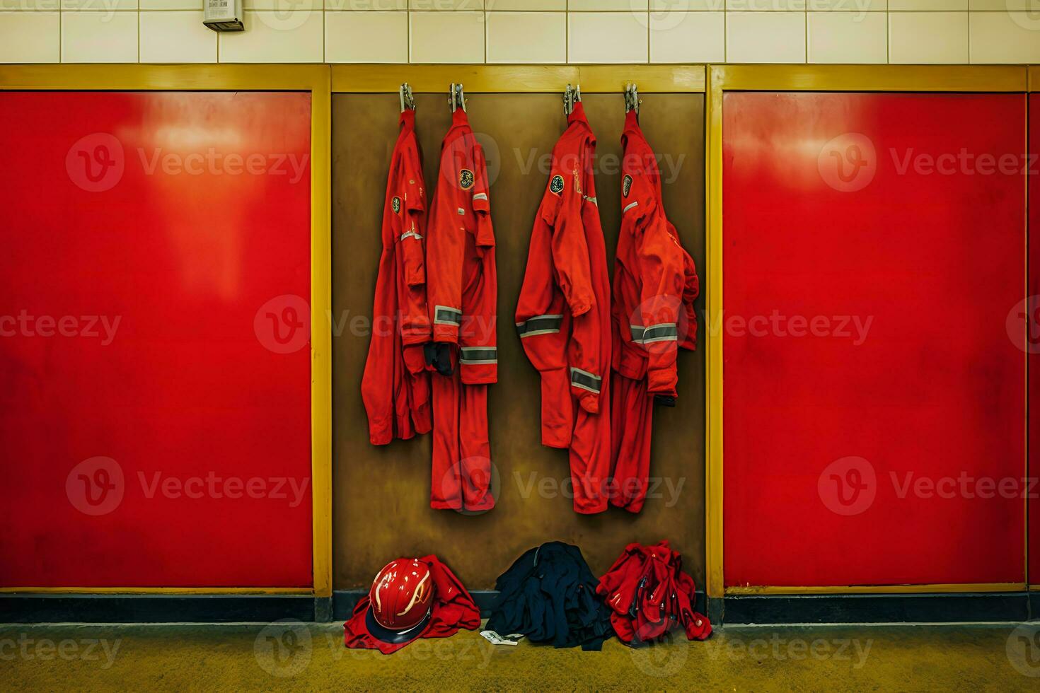Locker room of a fire department with protection uniforms and helmets. Neural network AI generated photo