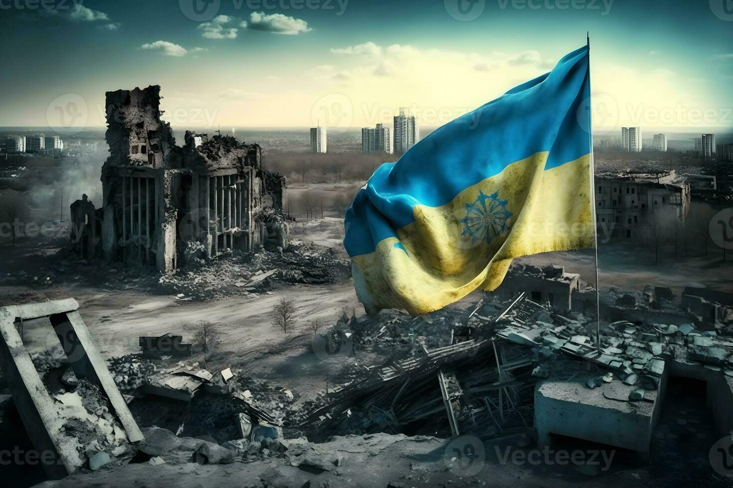 Flag of Ukraine and destroyed building. War concept. Neural network AI generated photo