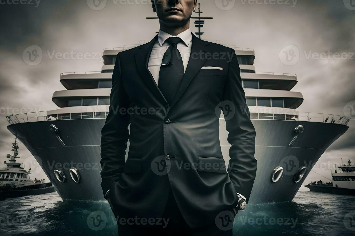 Confident successful businessman on the background of a private yacht. Neural network AI generated photo