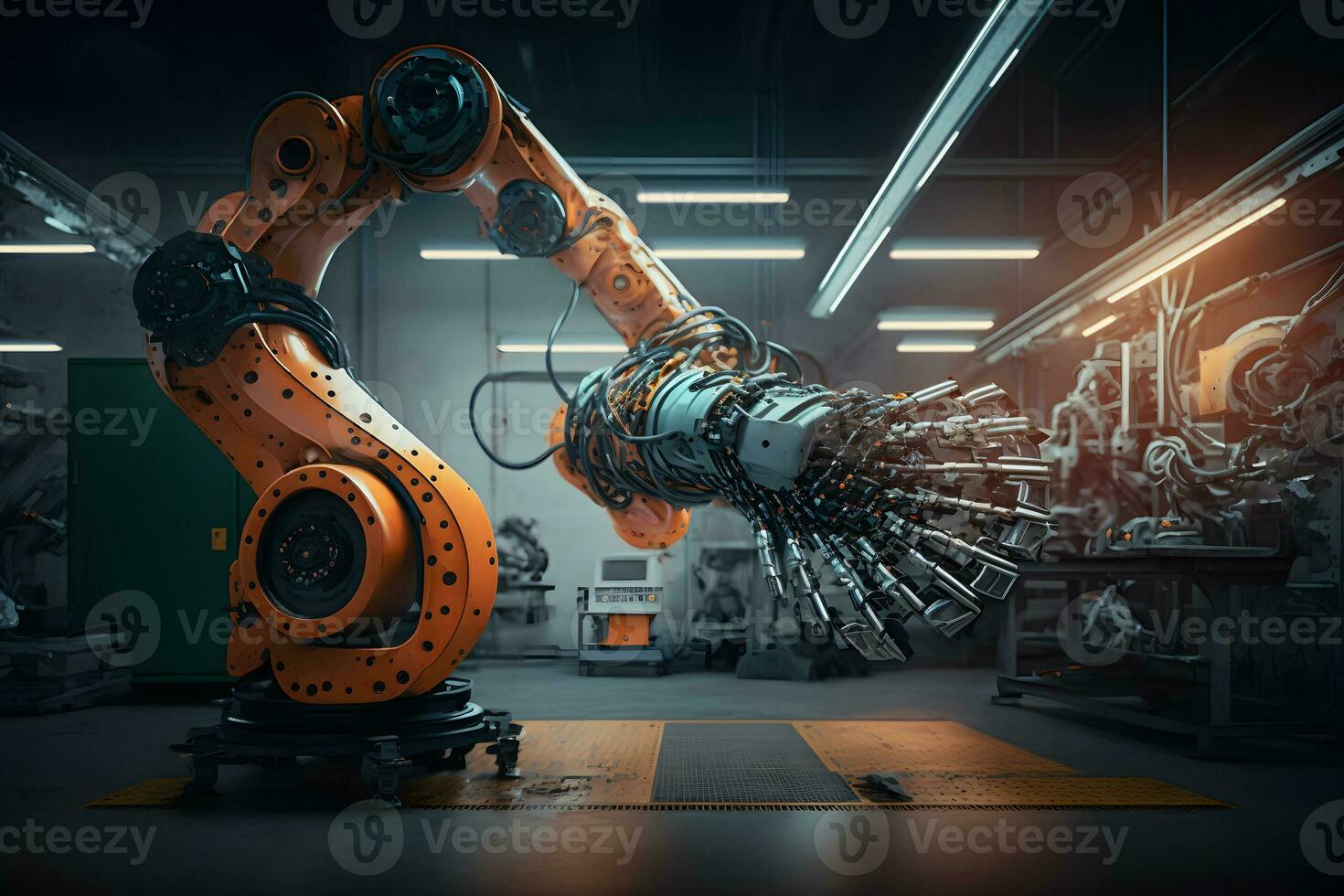 New robot setting of machine welding for the production line of vehicle industrial factory. Neural network AI generated photo