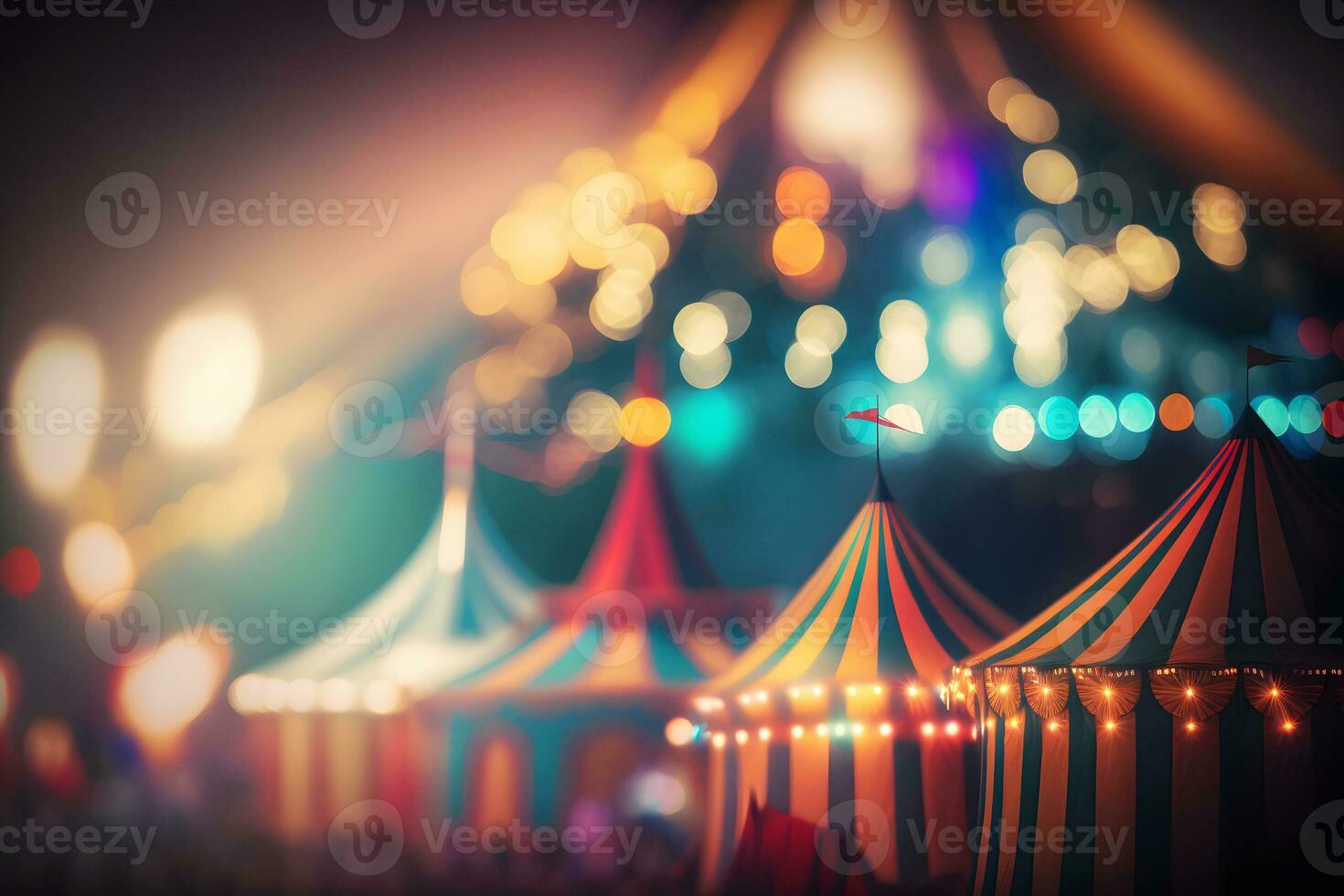 Night view of a circus tents and many light lamps with blurred background. Neural network AI generated photo