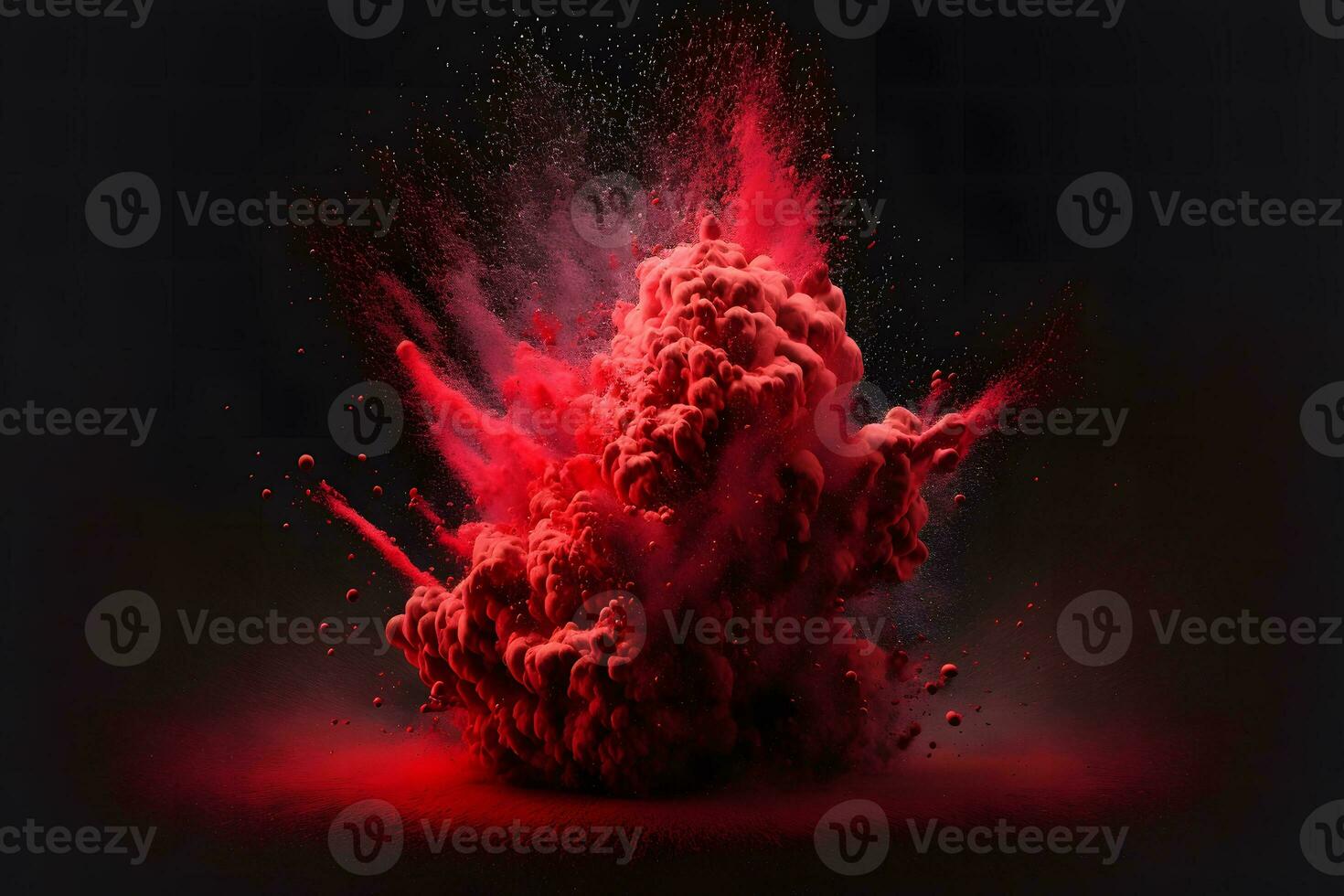 Explosion of red color paint powder on black background. Neural network generated art photo