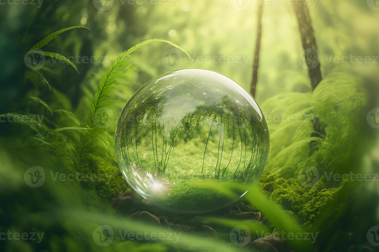 Crystal ball on green grass with reflection of green vegetation inside. Neural network generated art photo