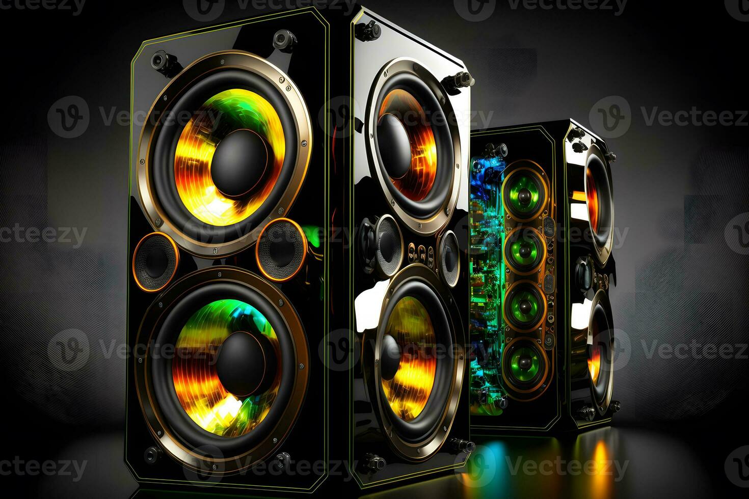 Big and powerful modern sound speakers close up. Audio stereo system. Neural network generated art photo