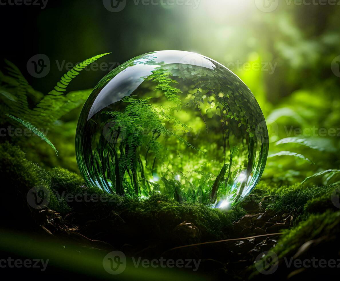 Crystal ball on green grass with reflection of green vegetation inside. Neural network generated art photo