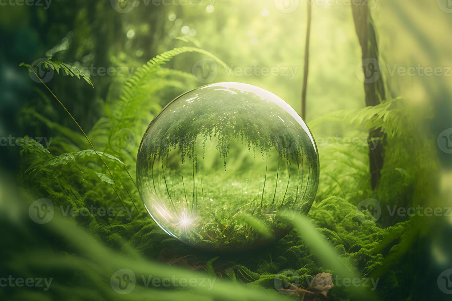 Crystal ball on green grass with reflection of green vegetation inside. Neural network generated art photo