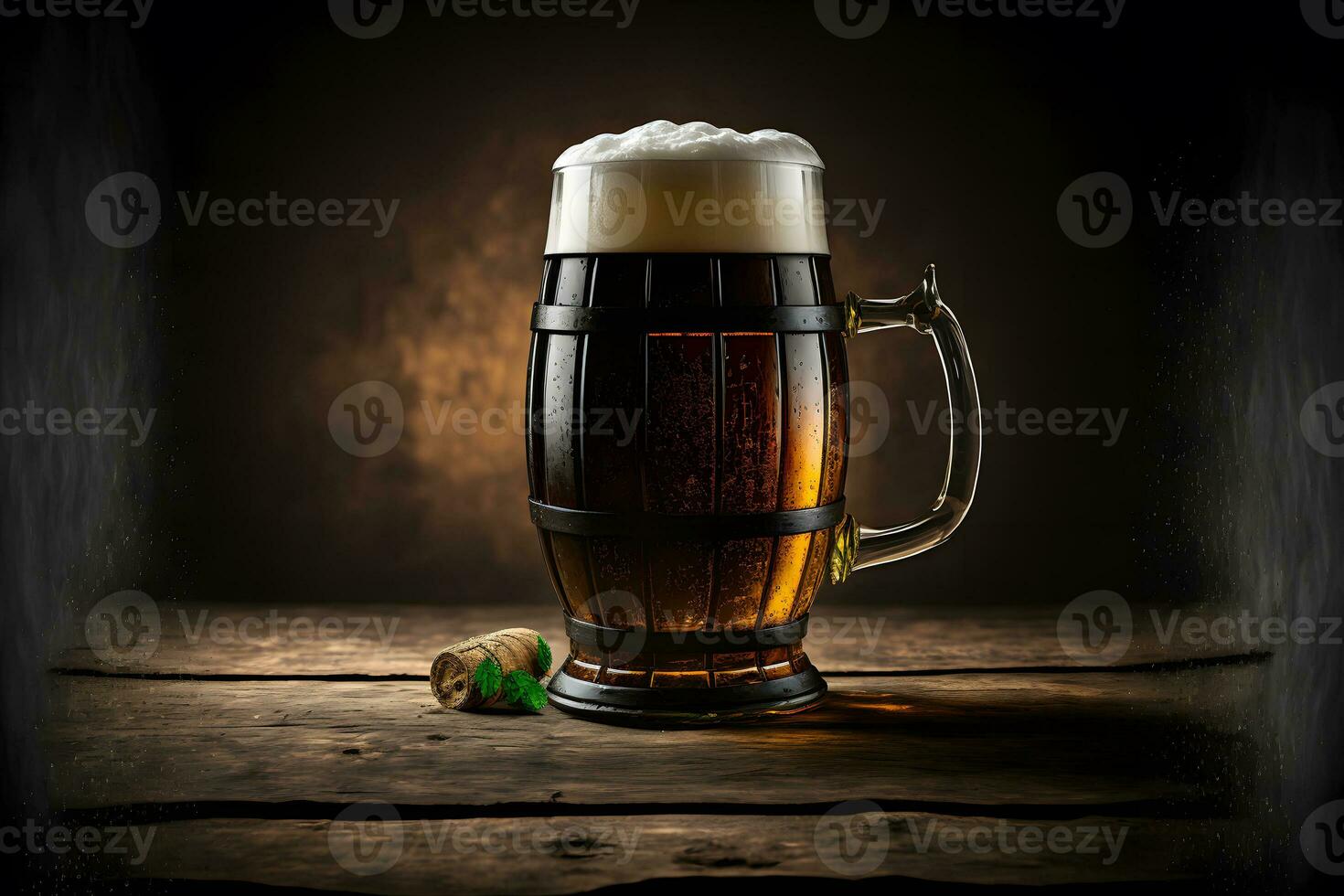 Beautiful beer with foam in classic beer glass in dark scene. Neural network generated art photo