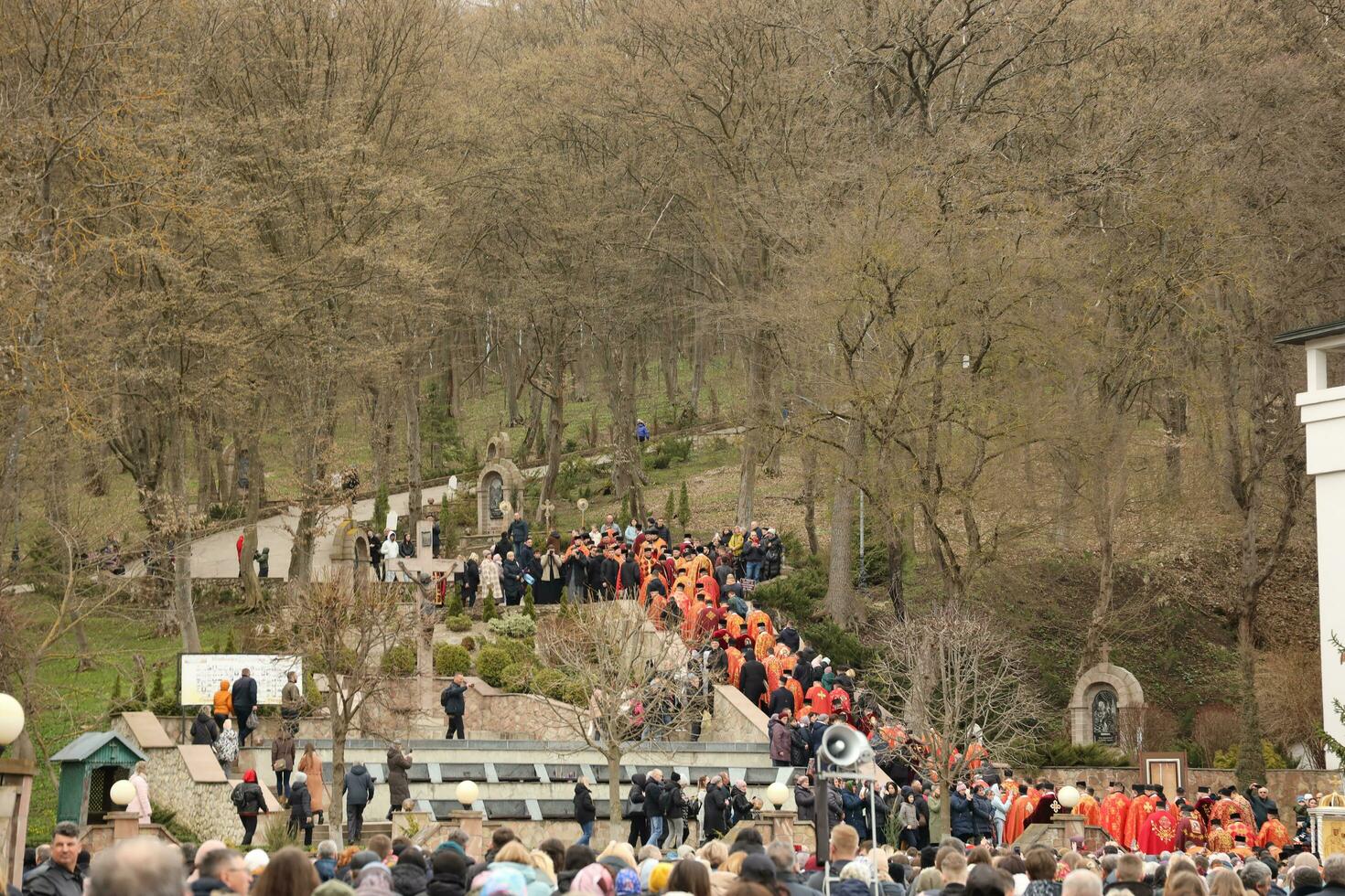 TERNOPIL, UKRAINE - APRIL 2, 2023 Many people during mission in complex of Ukrainian Jerusalem in the Mari spiritual center of Zarvanytsia In the Terebovlya district of the Ternopil photo
