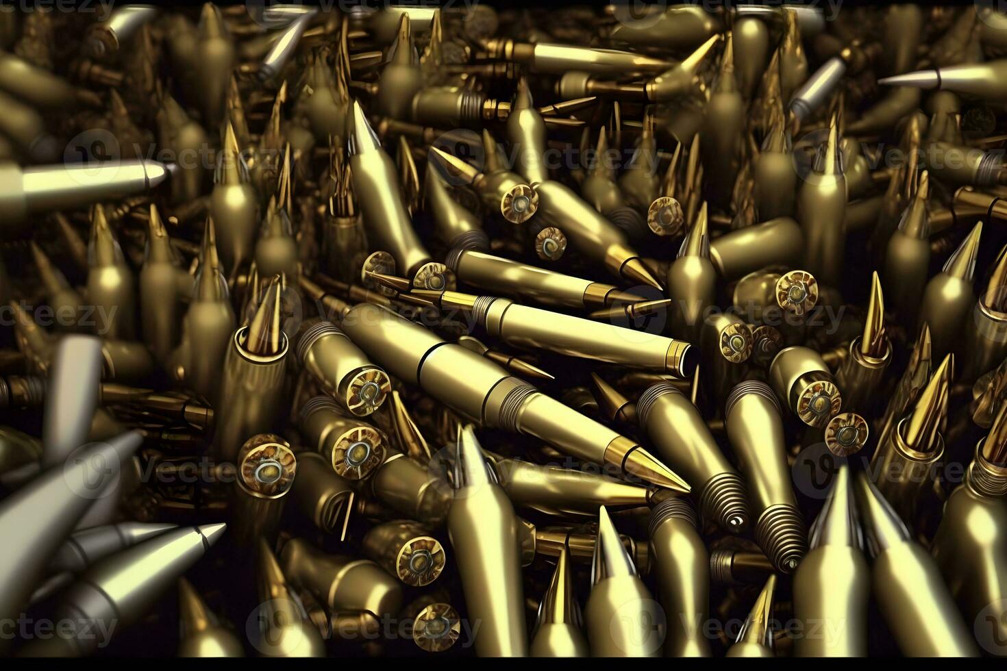 A pile of ammunition for weapons. Cartridges for machine guns and carbines. Background from new shiny cartridges. Neural network AI generated photo