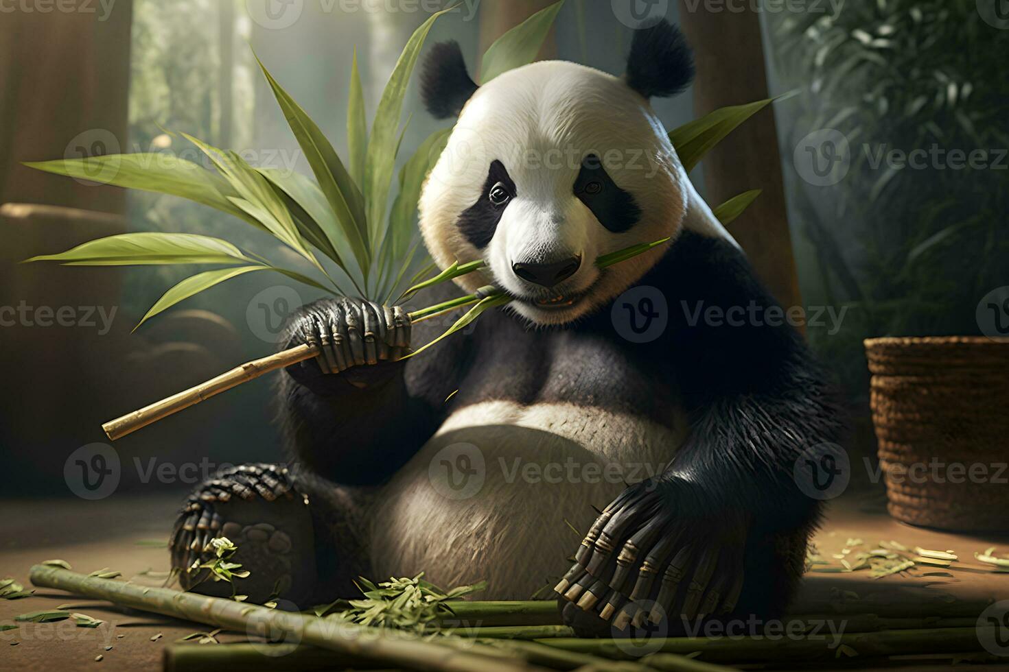 Panda eating shoots of bamboo. Rare and endangered black and white bear. Neural network AI generated photo