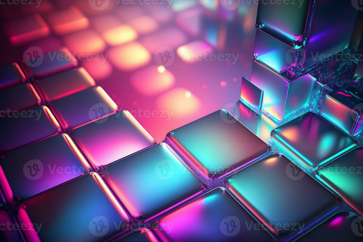 Abstract background with neon holographic square elements. Neural network AI generated photo