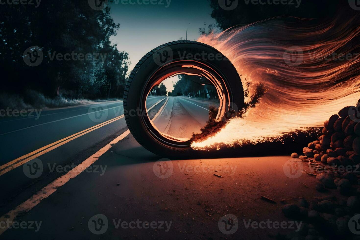 Wheel, tire burning on the track. Neural network AI generated photo