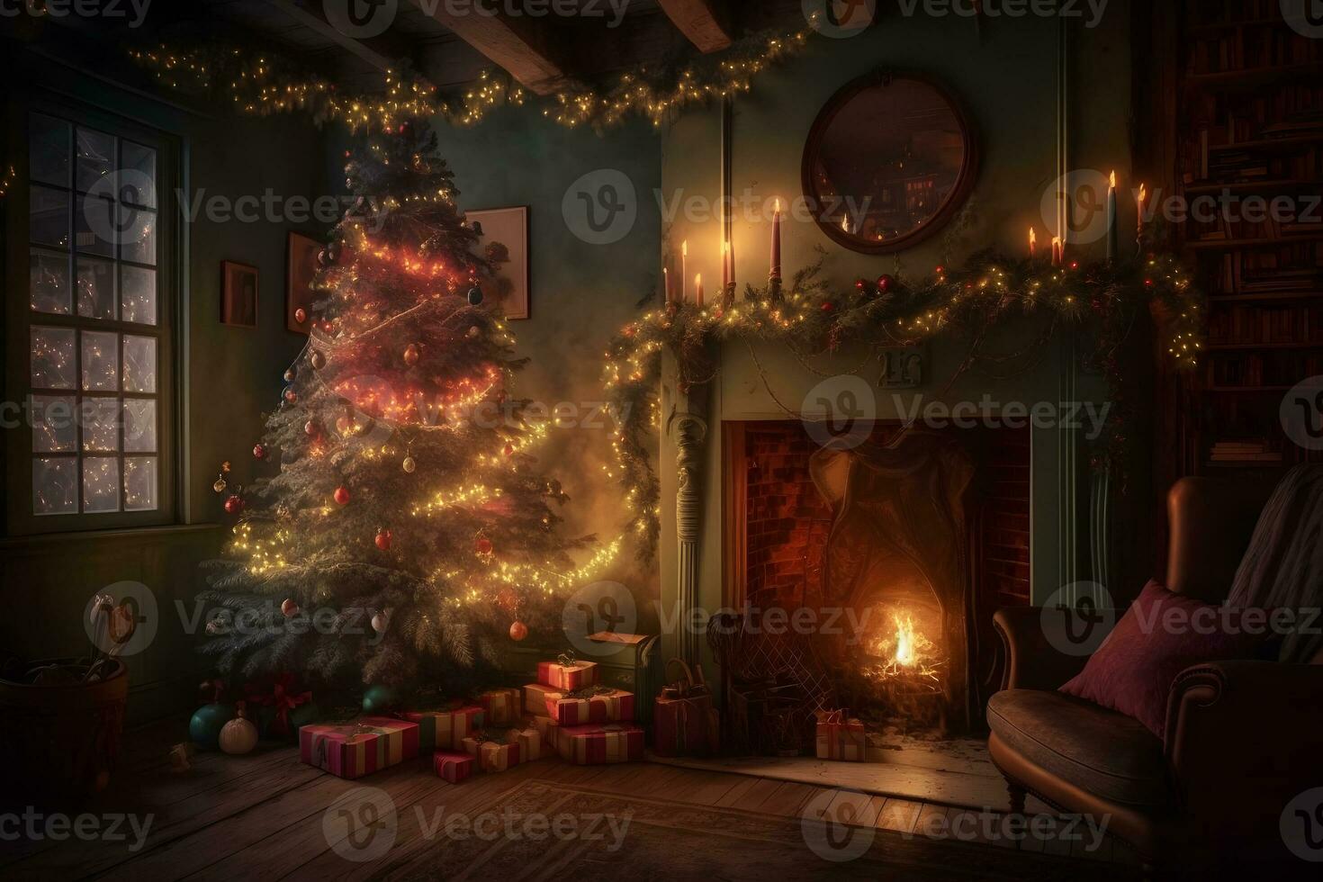 Beautiful cozy Christmas interior with a fireplace. Neural network AI generated photo