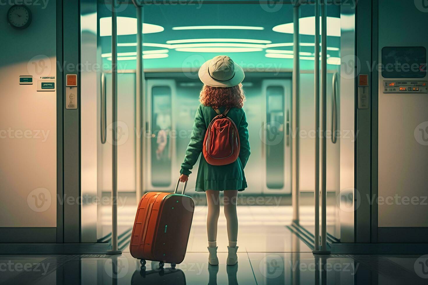 niña con equipaje en el aeropuerto Terminal. neural red ai generado foto