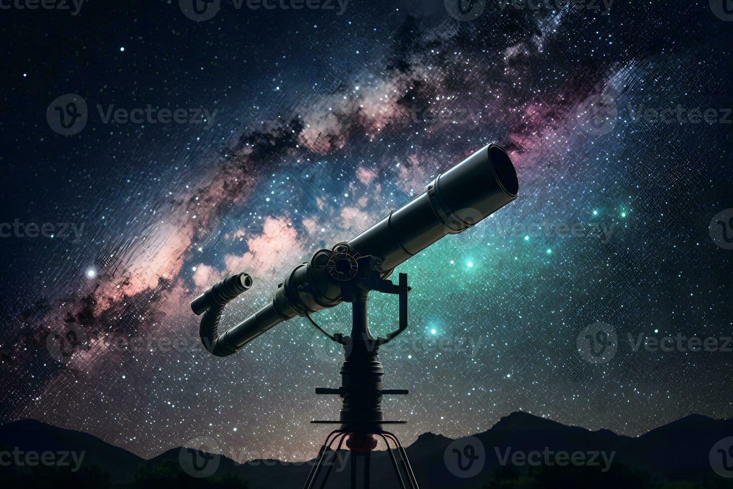 Infinite space background with silhouette of telescope. Neural network AI generated photo