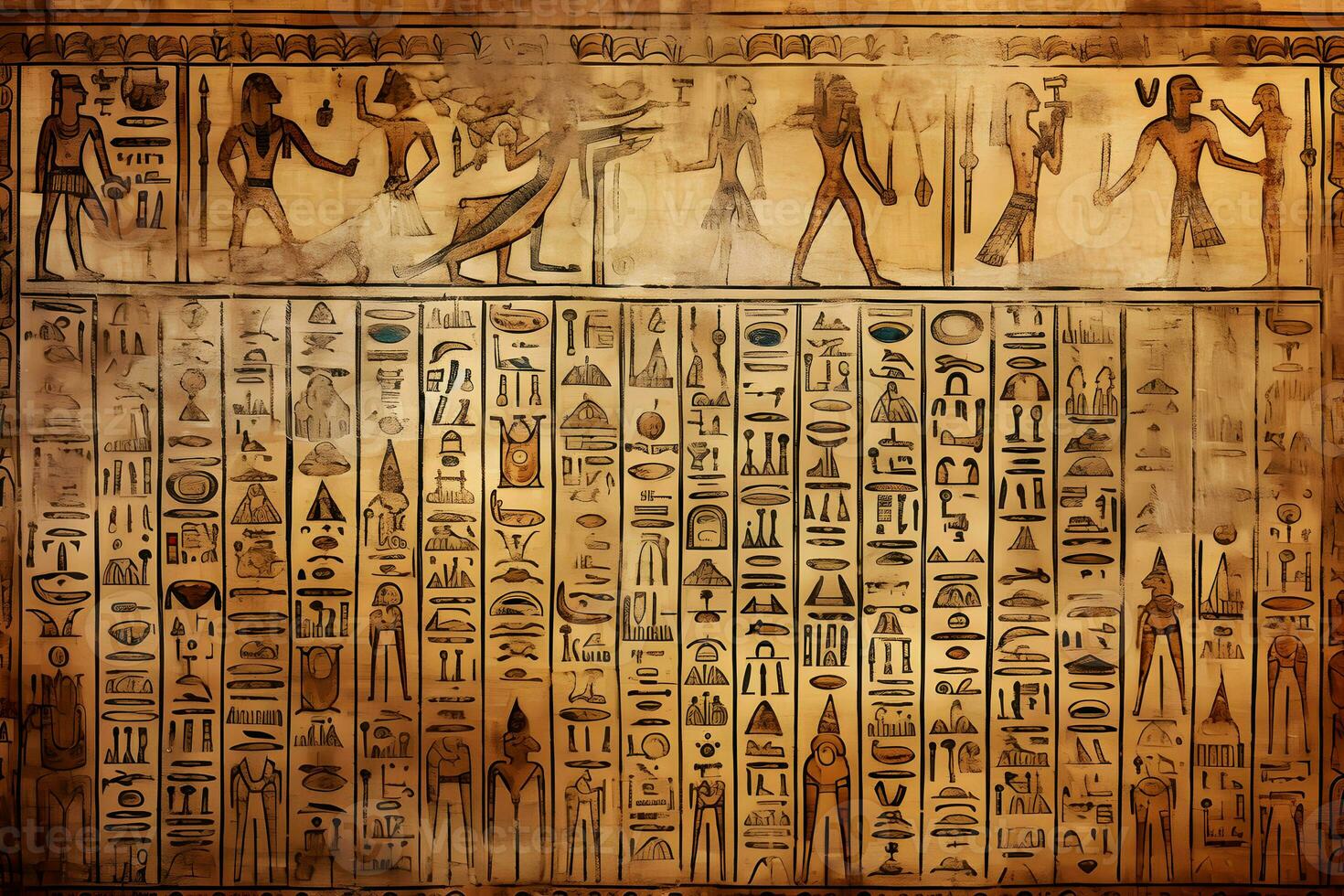Ancient Egyptian drawings and hieroglyphs on the wall in the temple. Neural network AI generated photo