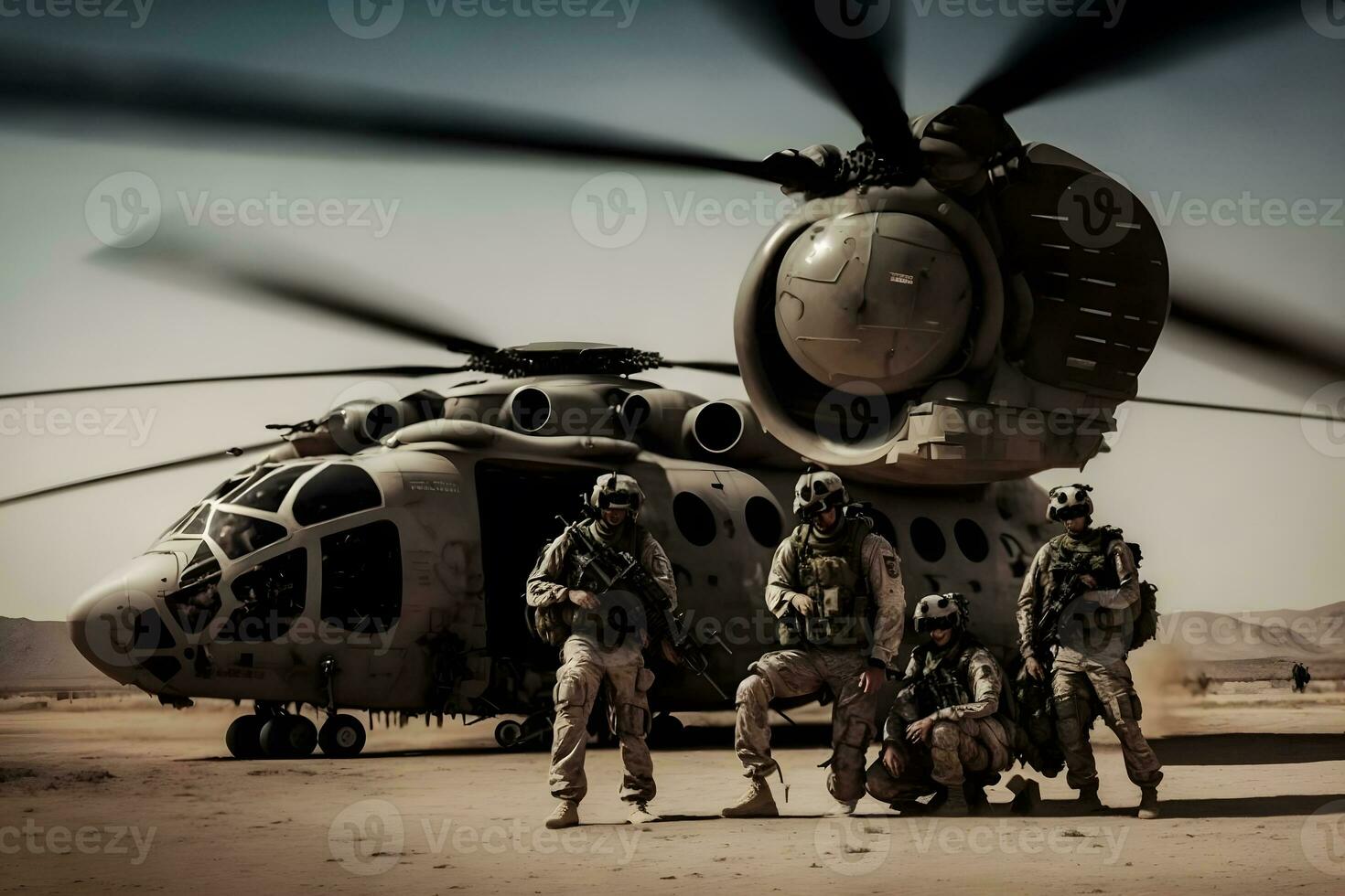 Special force assault team in a mission with helicopter background. Neural network AI generated photo