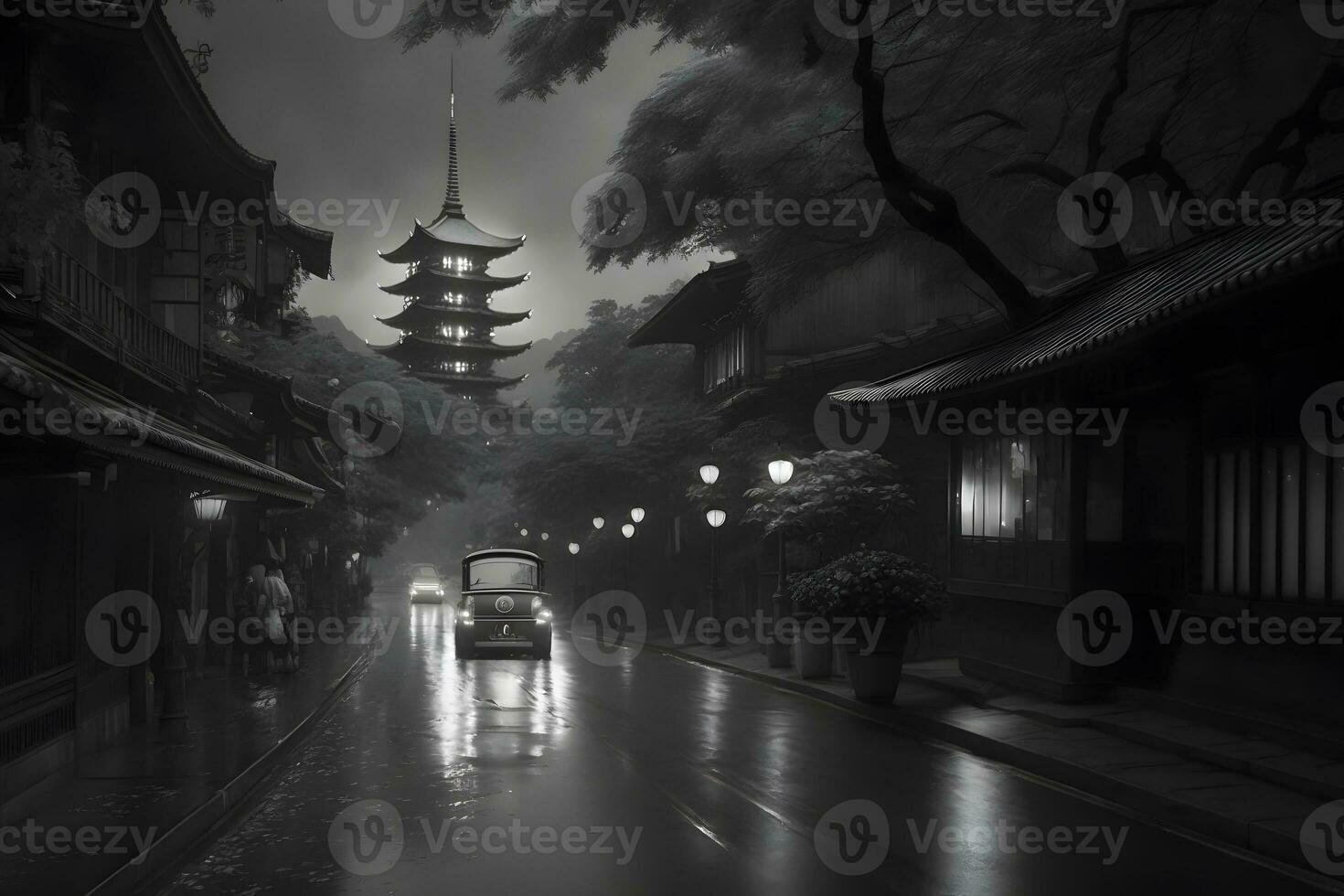 Asian city landscape black and white. Neural network AI generated photo