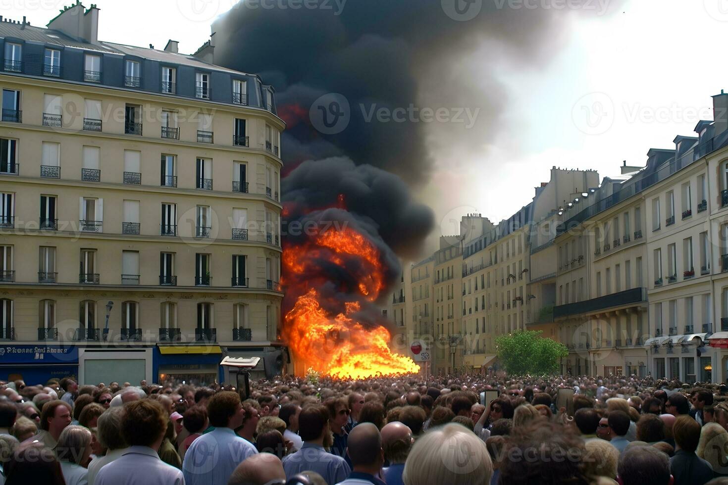 Protest in the city and fire, strike. Neural network AI generated photo