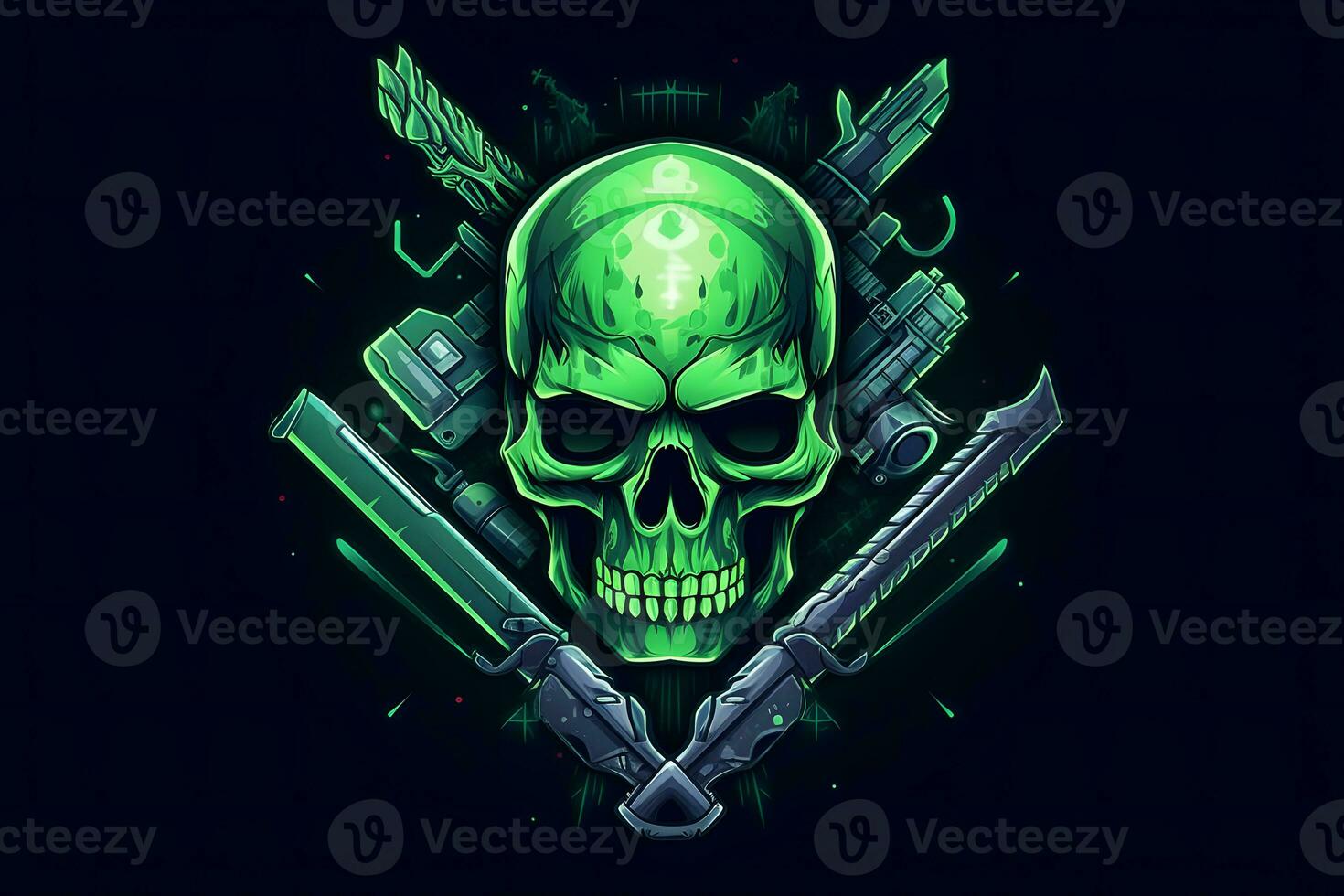 Green punk cyber human skull with weapon. Neural network AI generated photo