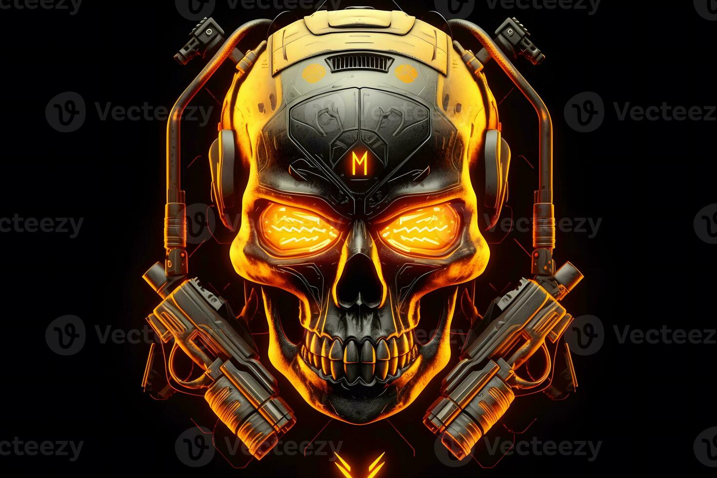 Yellow punk cyber human skull with weapon. Neural network AI generated photo