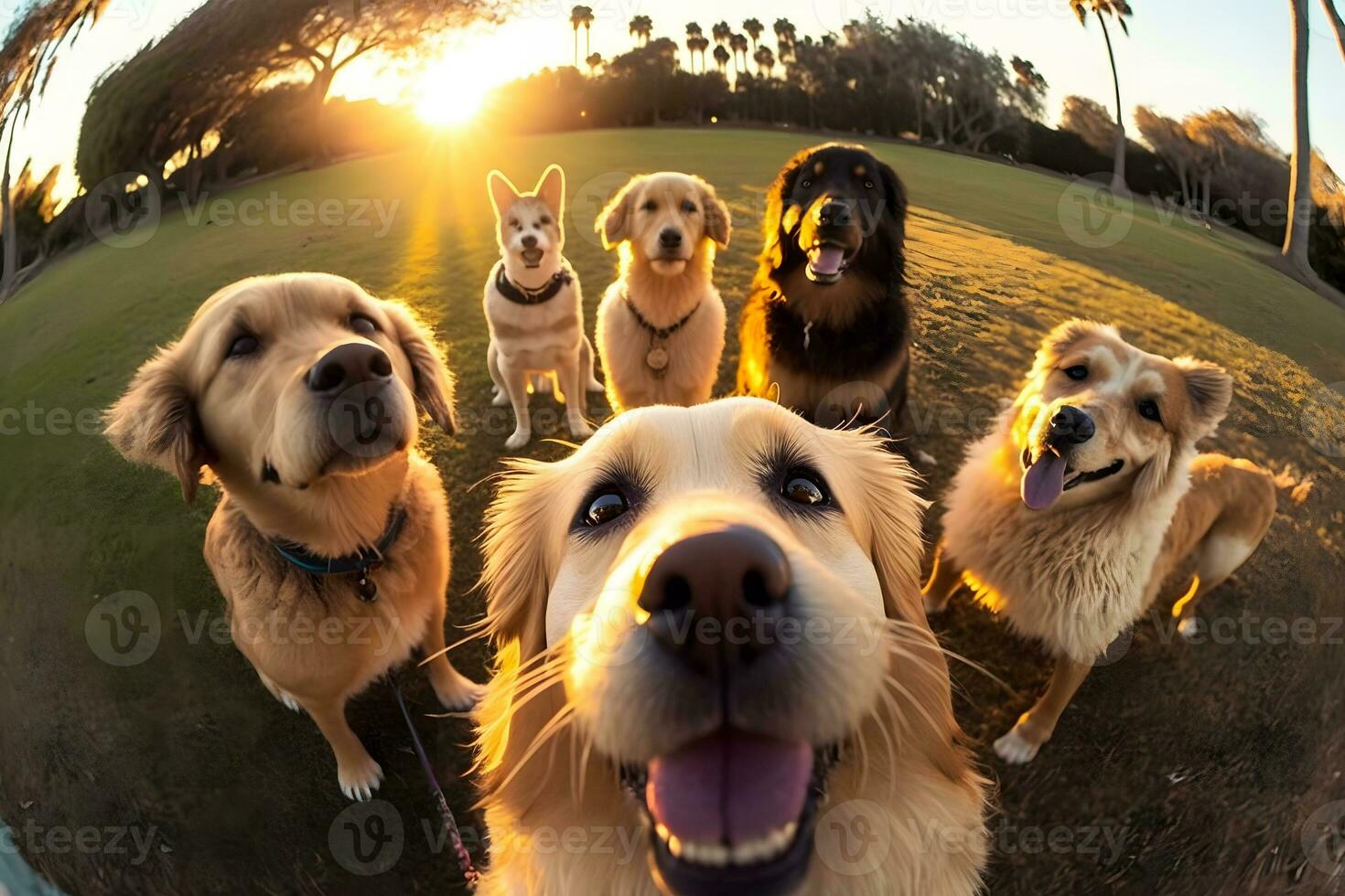 cute beagle looking at the camera while taking a selfie with another beagle and a pug. Neural network AI generated photo