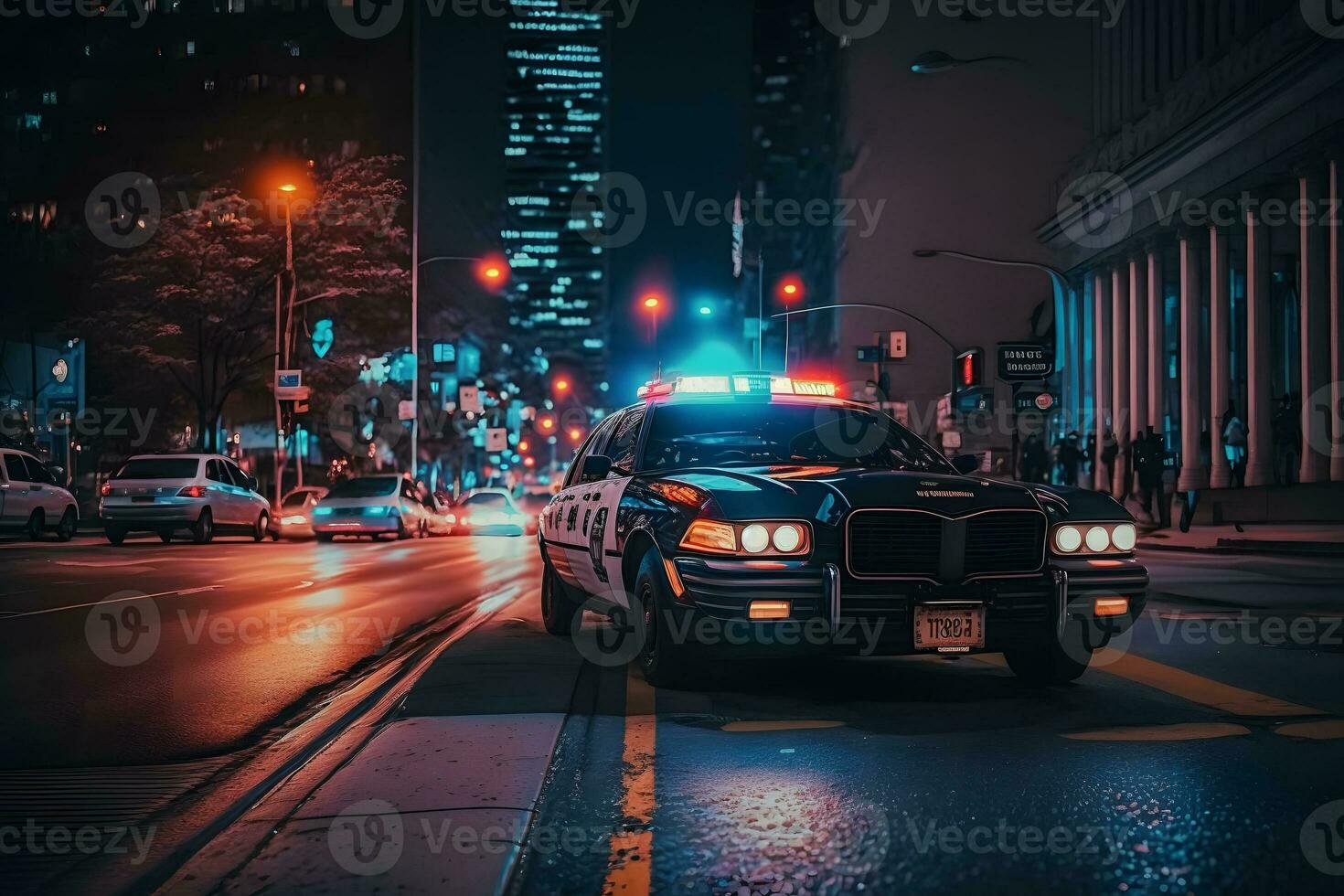 Blue light flasher atop of a police car. City lights on the background. Neural network AI generated photo