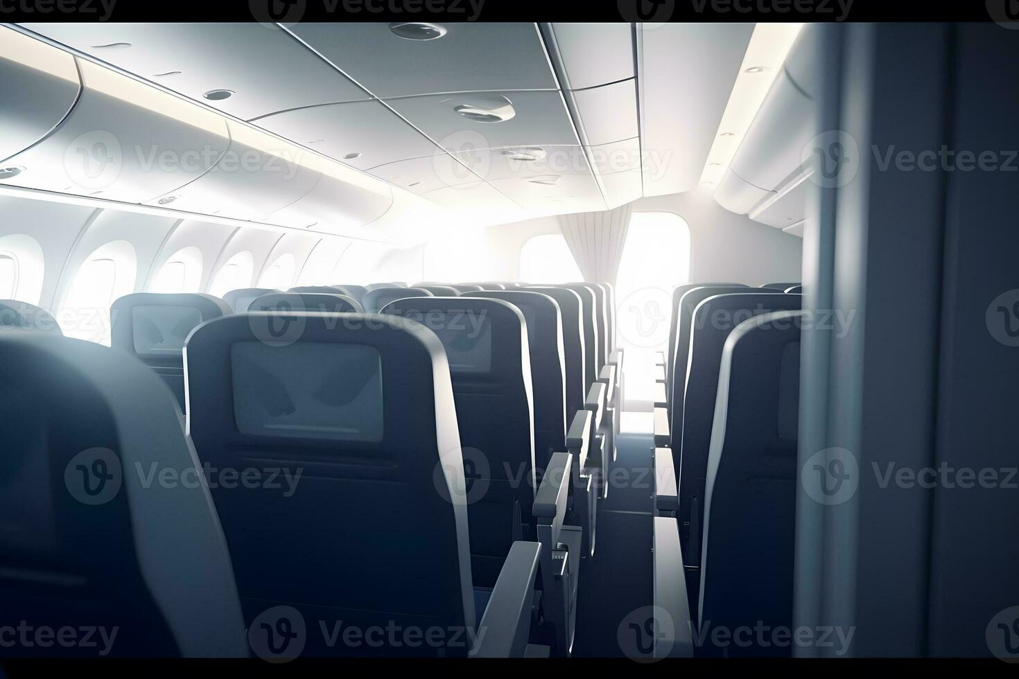 Inside empty passenger aircraft cabin. Neural network AI generated photo