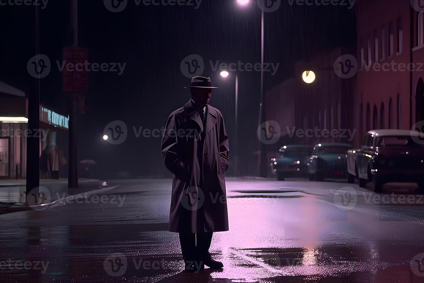 Detective in the rain in the night city. Neural network AI generated photo