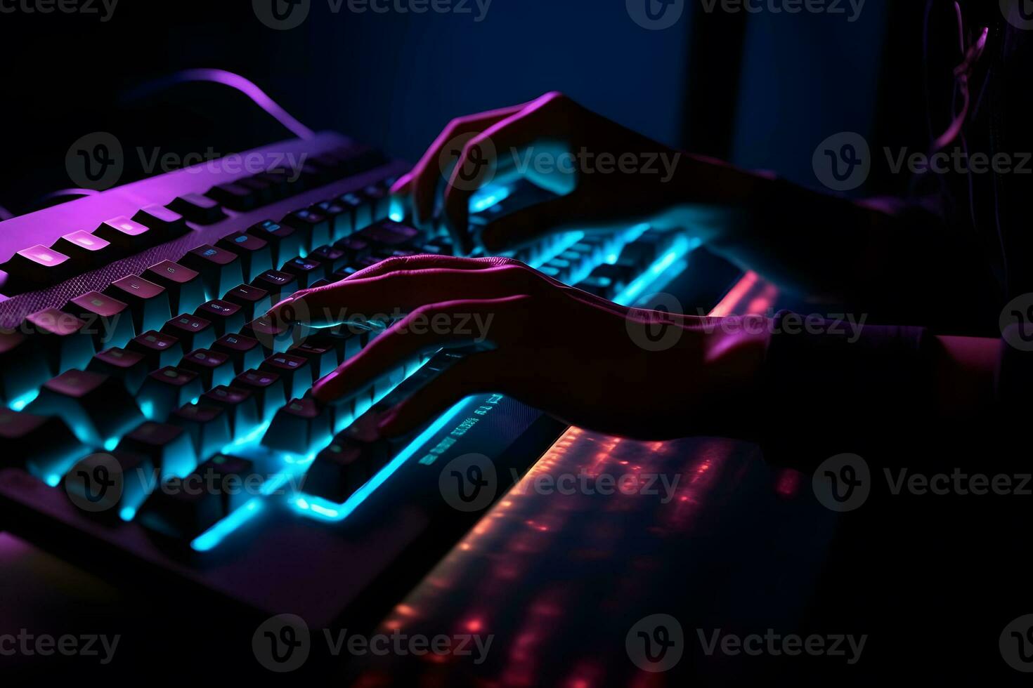 Hacker uses keyboard, shakes buttons with fingers to crack password. Internet security concept, cyber attack. Neon blue color. Neural network AI generated photo
