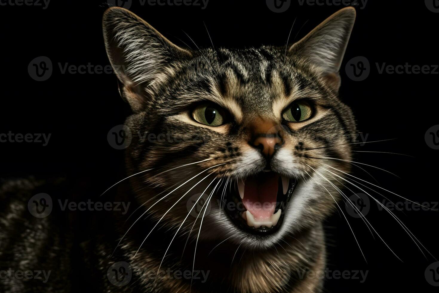 Portrait of a meowing tabby cat. Neural network AI generated photo