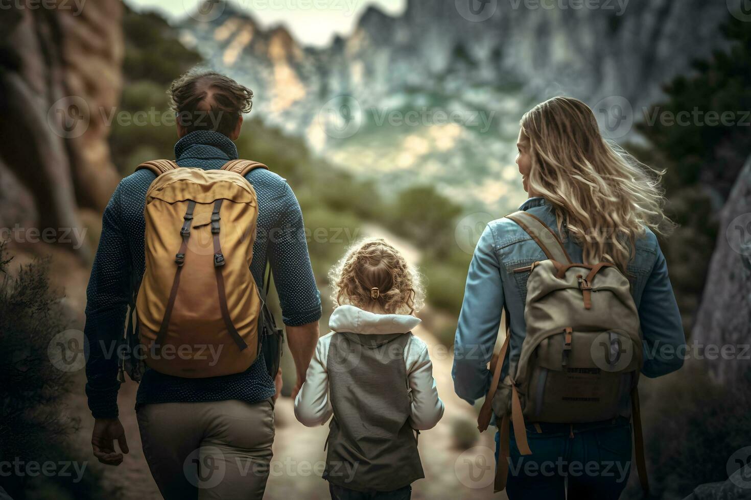 contento familia en un montaña caminata. neural red ai generado foto