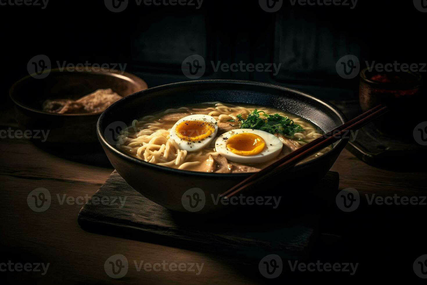 Japanese ramen soup with chicken, egg, chives and sprout on dark wooden. Neural network AI generated photo