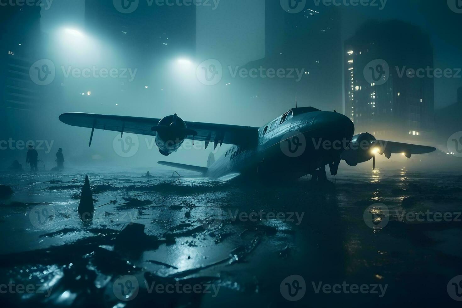 Airplane at the airport at night in the rain. Neural network AI generated photo