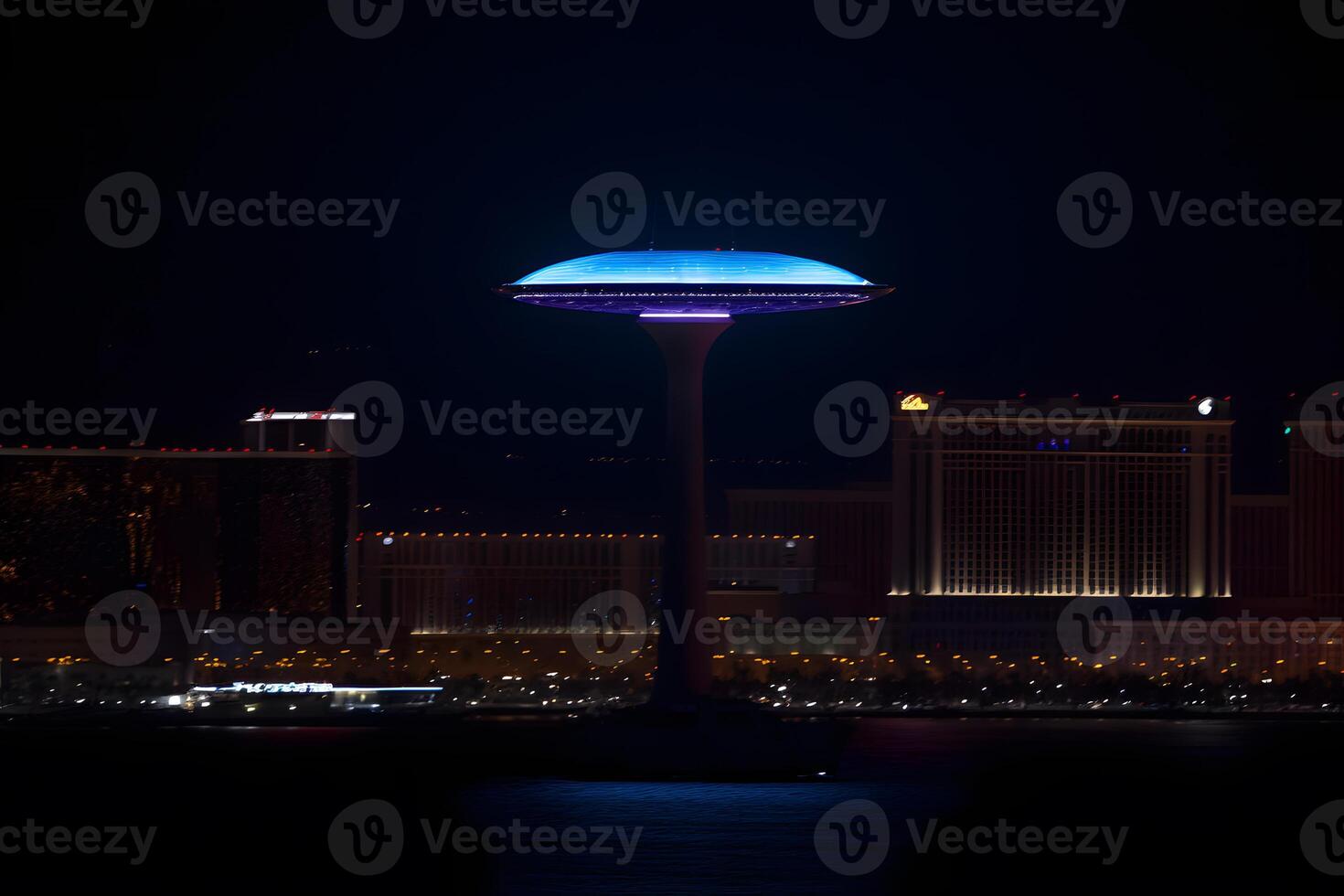 Ufo spaceship over the city. Neural network AI generated photo