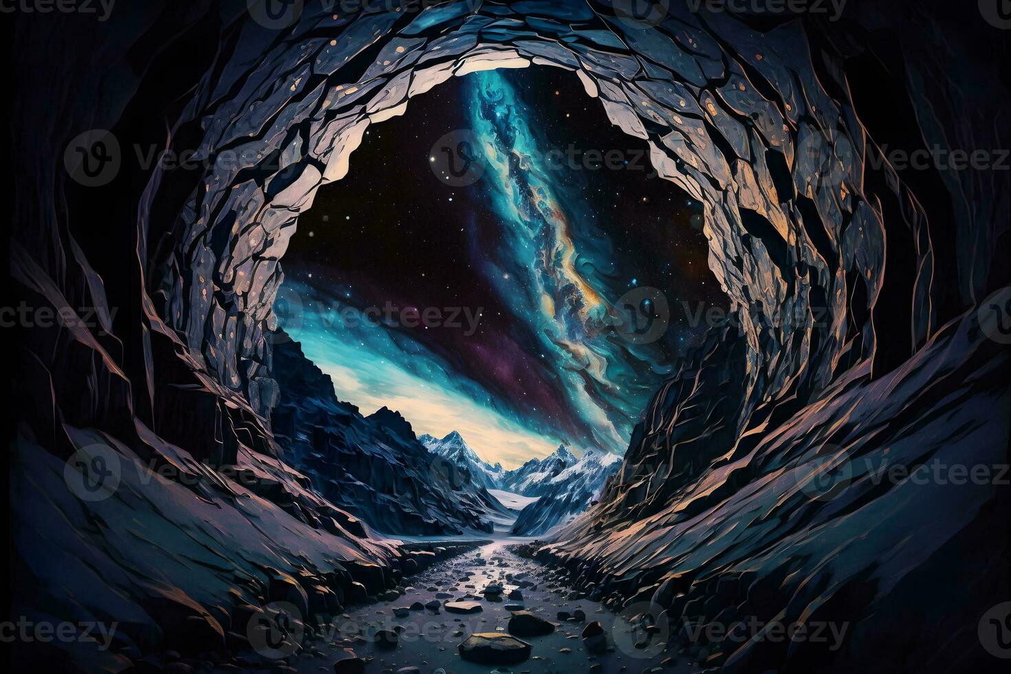 A magical tunnel leading into outer space. Neural network AI generated photo