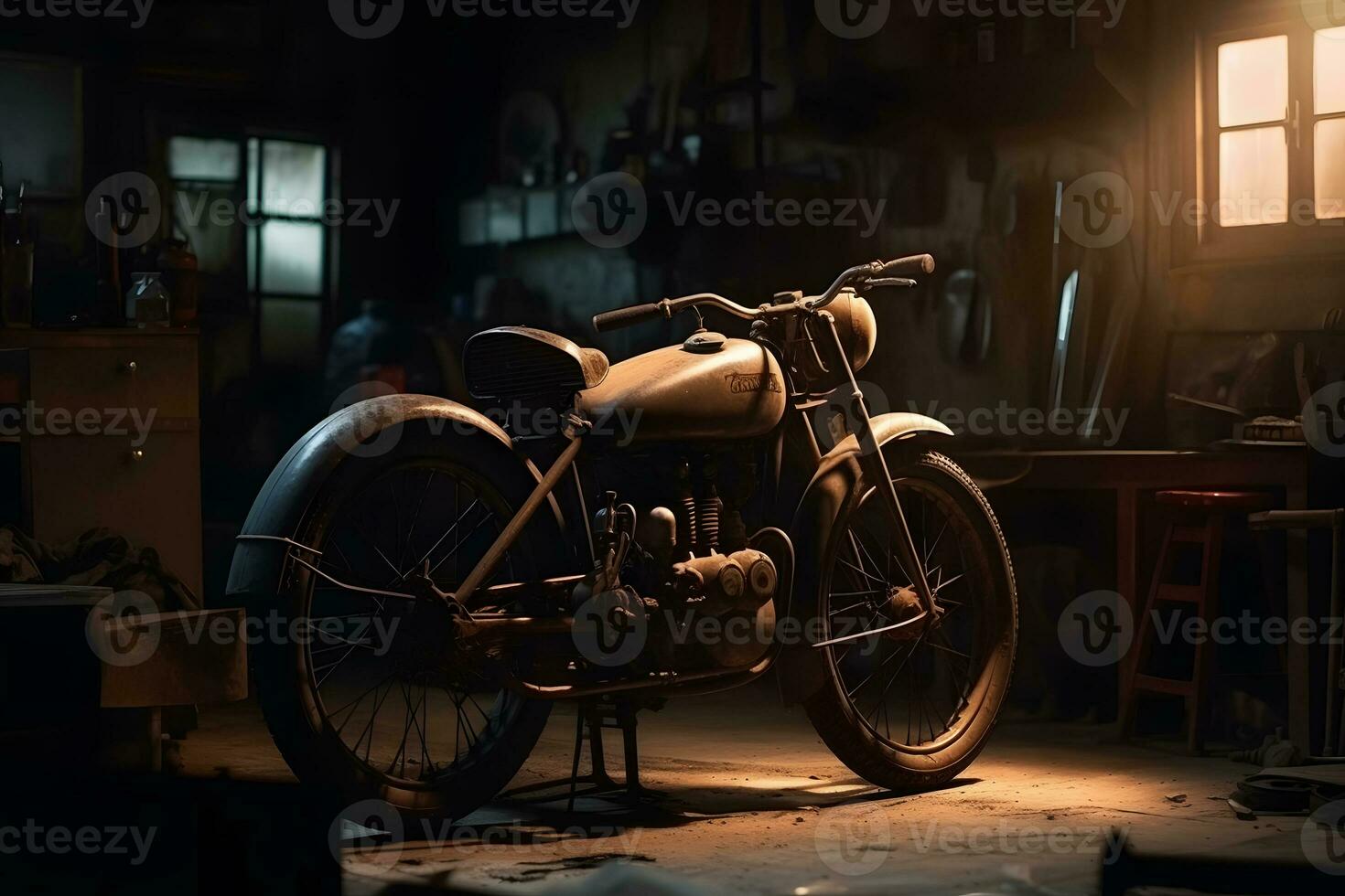 Old vintage motorcycle in the garage. Neural network AI generated photo