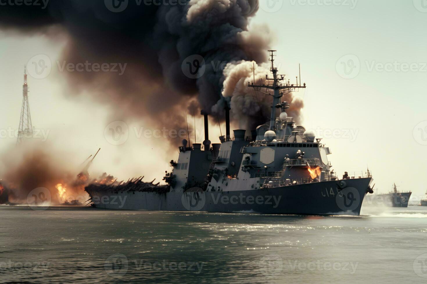 War concept. Night battle scene at sea. warship on fire. Neural network AI generated photo