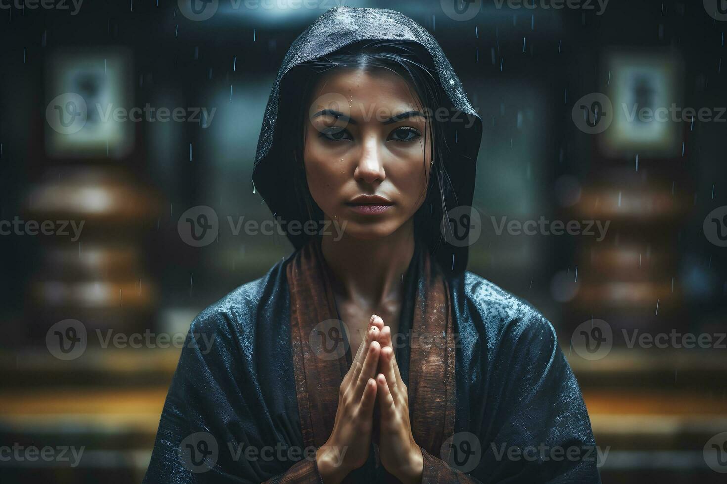 Asian woman meditating in the temple in the rain. Neural network AI generated photo