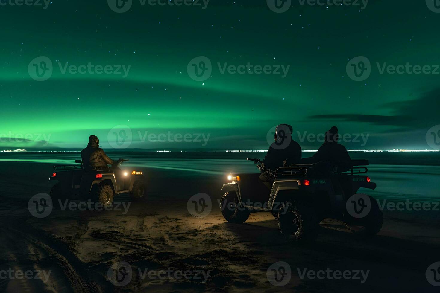 buggy car and northern lights beach. Neural network AI generated photo