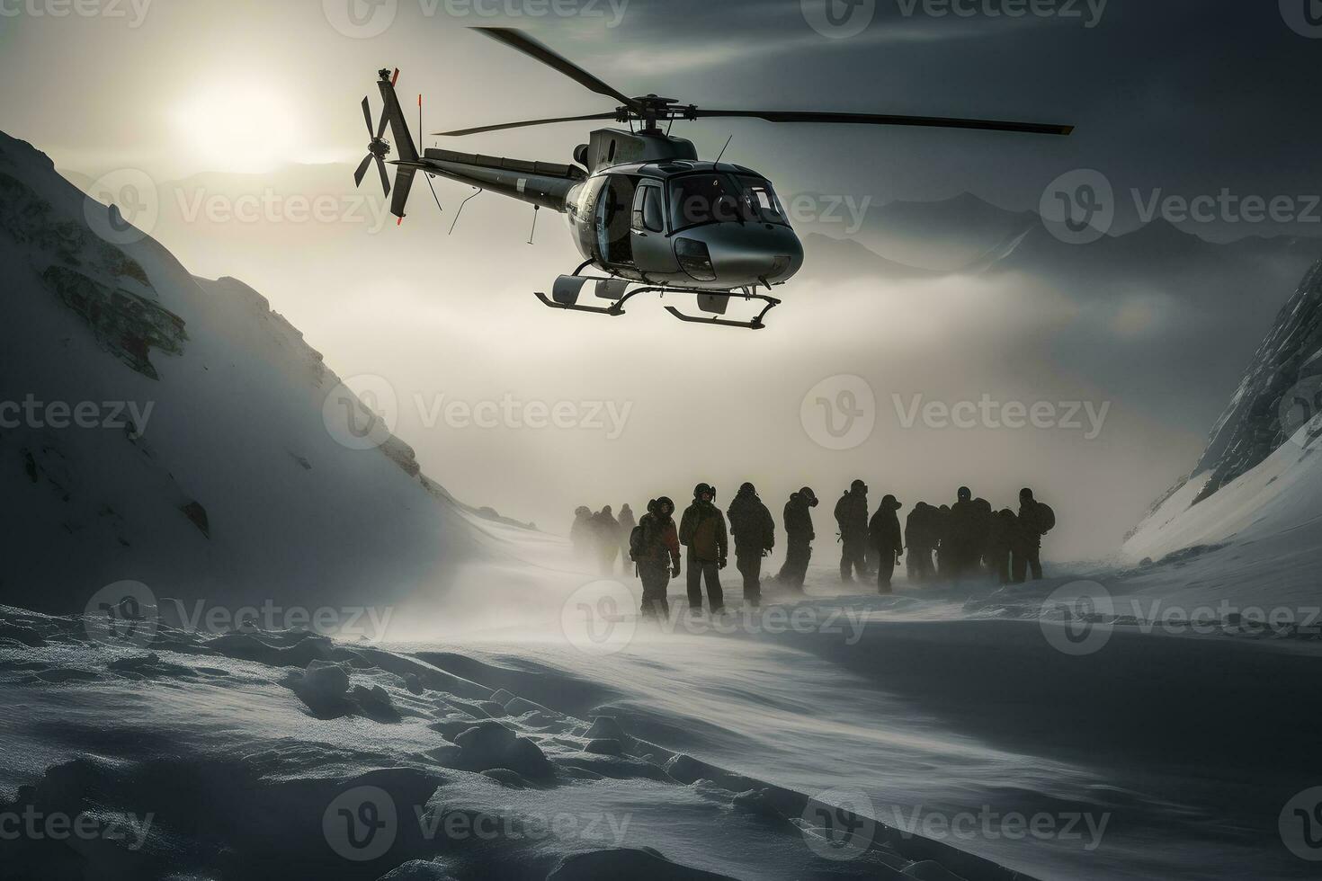 Rescue helicopter flying in a snowy landscape. Neural network AI generated photo