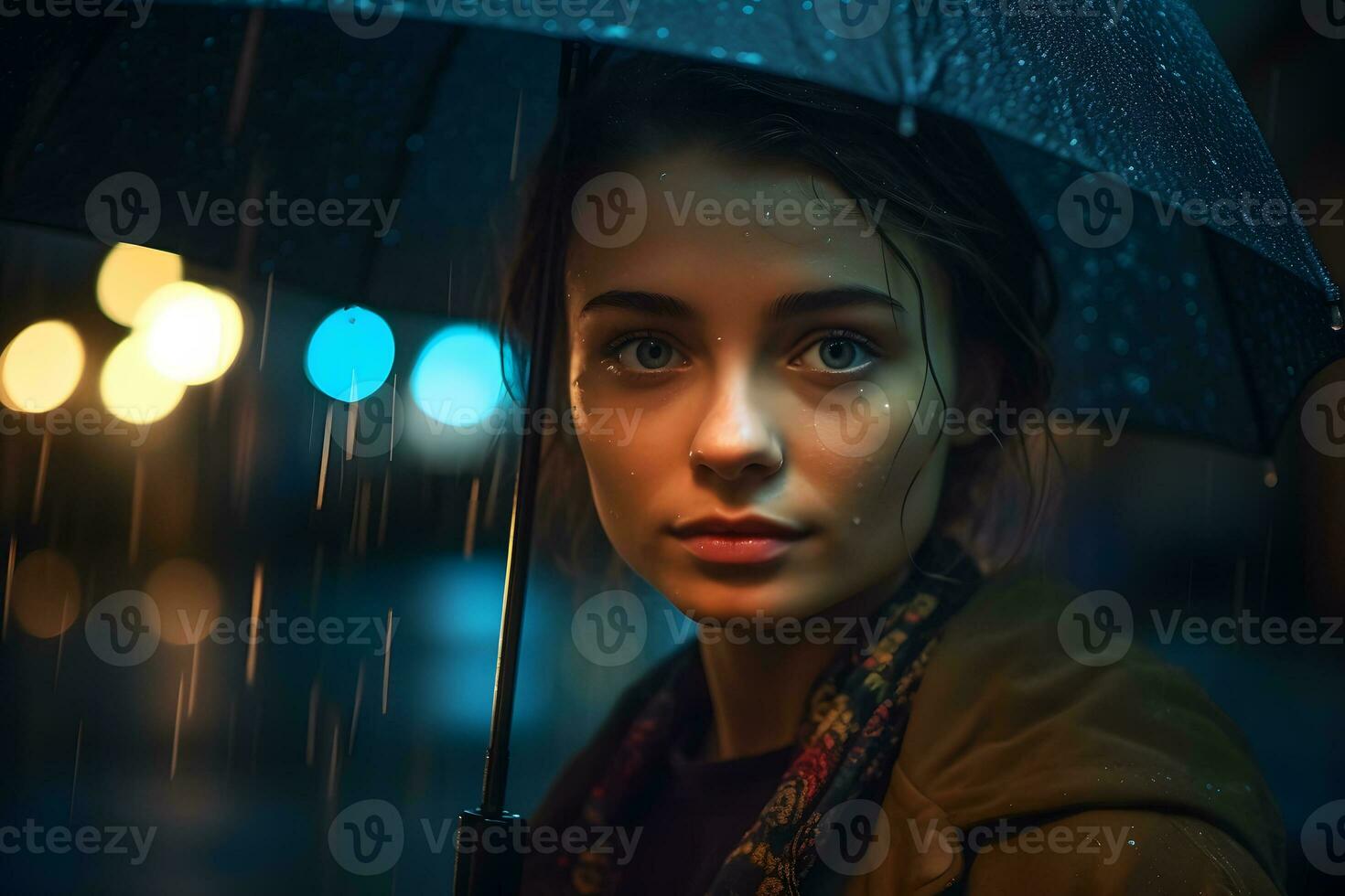 Portrait of a girl with an umbrella in the rain. Neural network AI generated photo