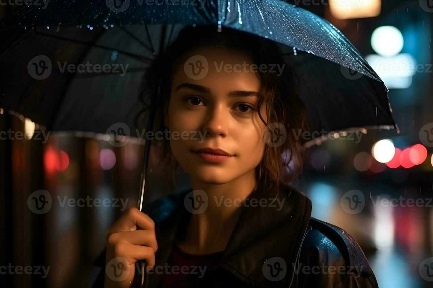 Portrait of a girl with an umbrella in the rain. Neural network AI generated photo