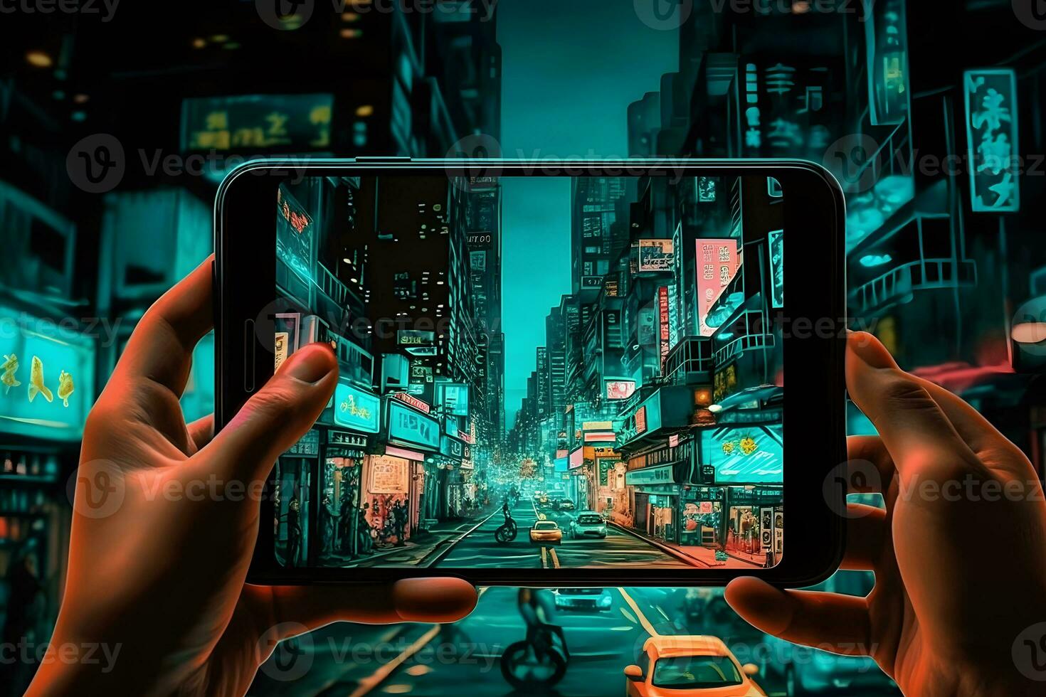 A hand with a phone takes pictures of a Japanese city. Neural network AI generated photo