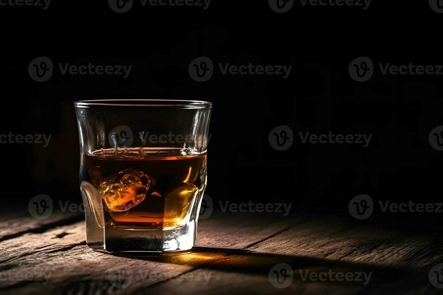 close up of a shot of whiskey on a bar top. Neural network AI generated photo
