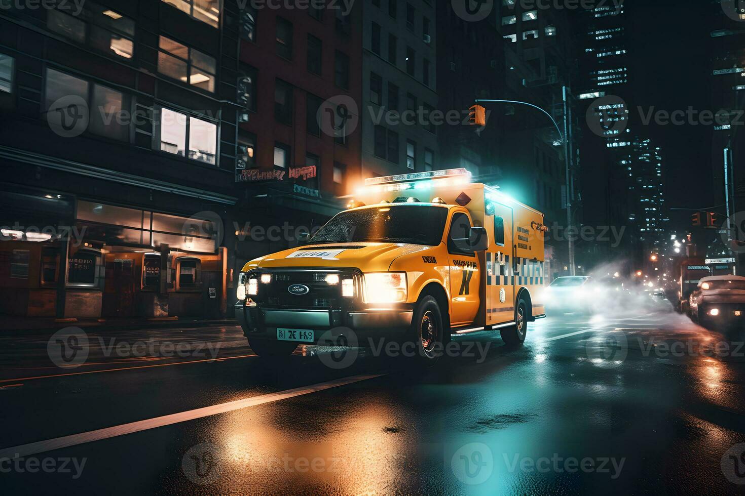 ambulancia va en el noche lluvioso ciudad. neural red ai generado foto