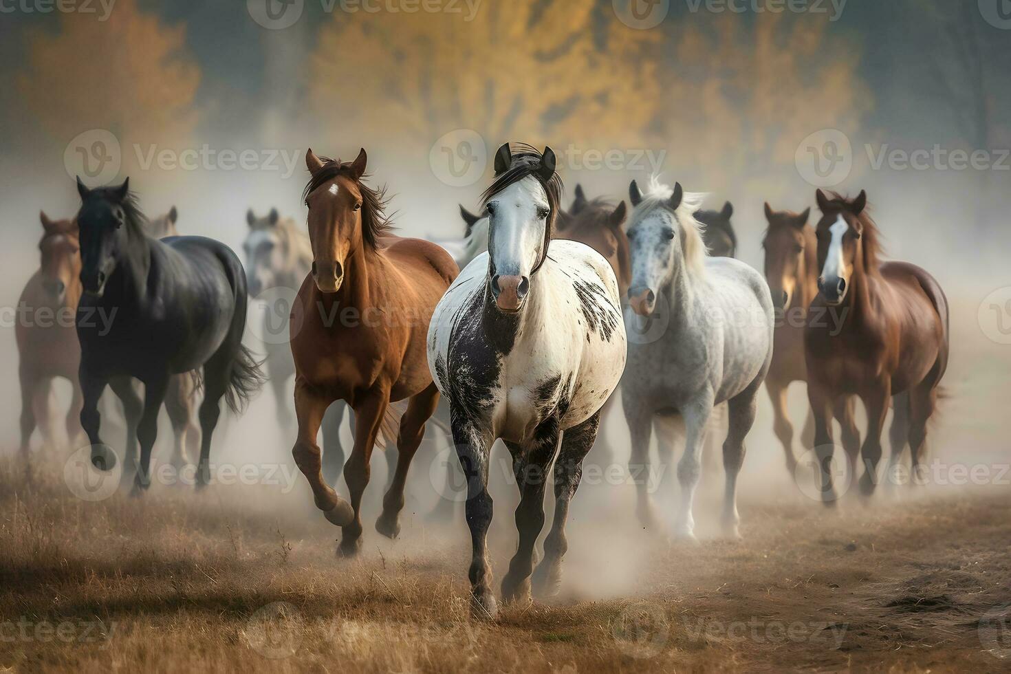 A herd of horses gallops and runs. Neural network AI generated photo