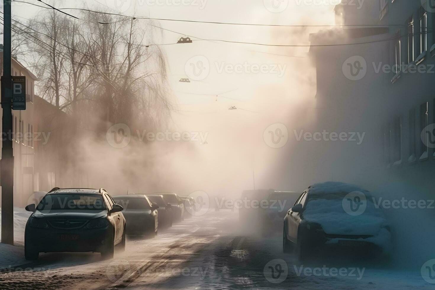 aire contaminación desde el cansada de carros en el ciudad durante el frío día, ambiental contaminación en el ciudad. neural red ai generado foto