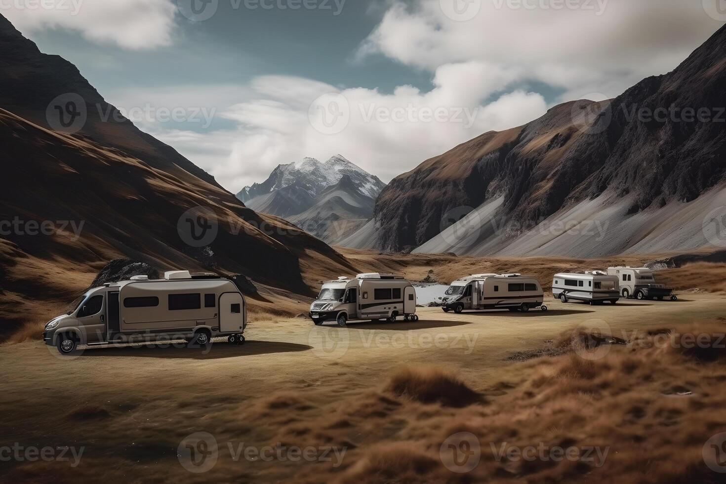 Motor home, trip to the mountains. Neural network AI generated photo